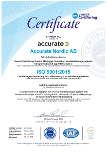 ISO 9001 Kvalitetscertifikat för Accurate Nordic